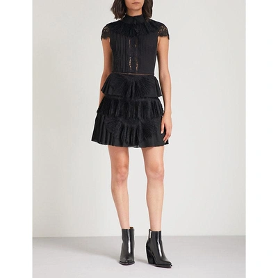 Shop Alice And Olivia Rosetta Lace-panelled Pleated Chiffon Mini Dress In Black