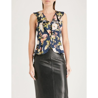 Shop Alice And Olivia Nora Floral-print Hammered Silk Top In Hazy Floral-sapphire
