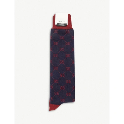 Shop Gucci Logo-intarsia Knitted Socks In Navy Red