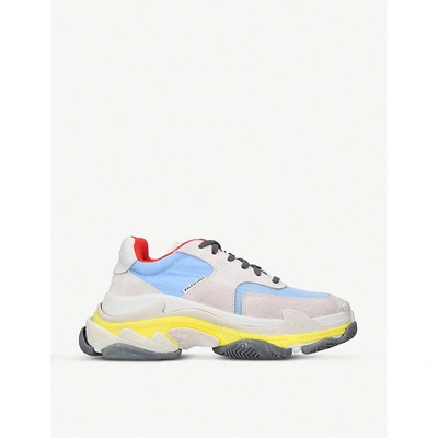 Shop Balenciaga Women's Grey/other Triple S Runner Leather And Mesh Trainers In Grey/blue/yellow
