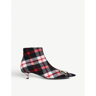 Shop Balenciaga Ladies Tartan Check Bb Flannel-wool Ankle Boots In Red/white/grey/black