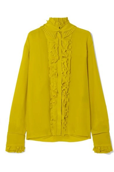 Shop Haider Ackermann Pleated Ruffled Silk Crepe De Chine Blouse In Chartreuse