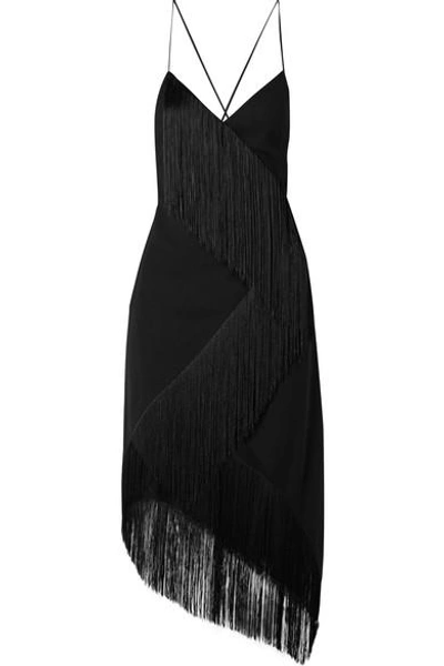 Shop Givenchy Asymmetric Fringed Wool-crepe Wrap-effect Midi Dress In Black