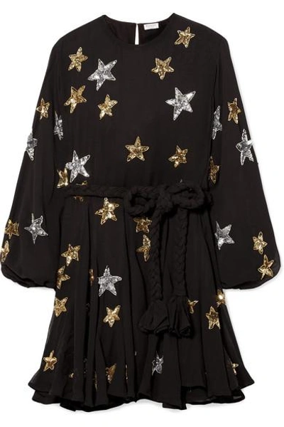Shop Rhode Ella Belted Embellished Chiffon Mini Dress In Black