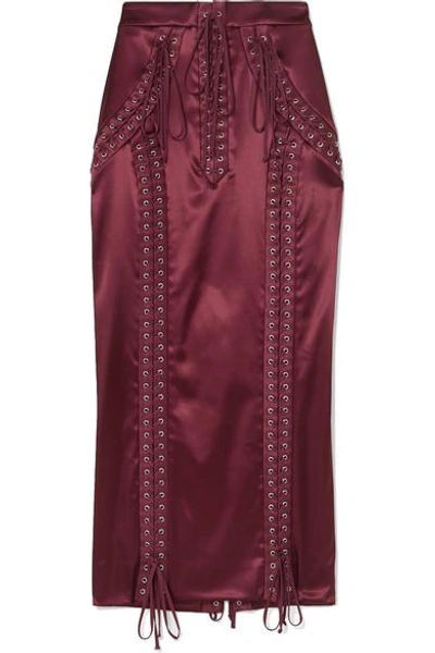 Shop Dolce & Gabbana Lace-up Stretch-satin Midi Skirt In Crimson