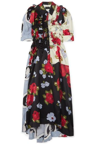 Shop Simone Rocha Bow-embellished Ruffled Printed Silk-satin Midi Dress In Black