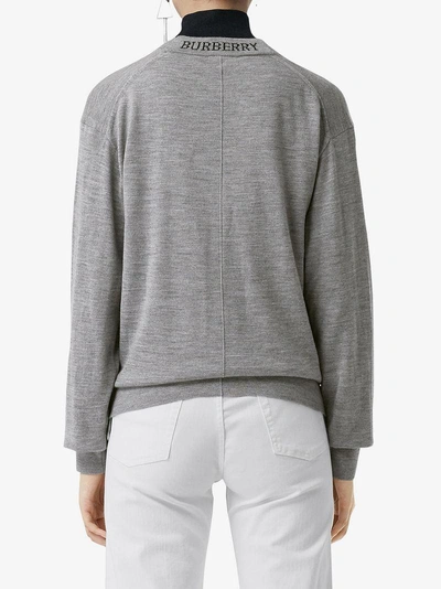 Shop Burberry Logo Intarsia Merino Wool Cardigan In Grey