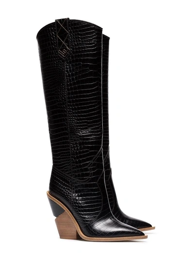 Shop Fendi Black Cutwalk 100 Crocodile Embossed Leather Boots