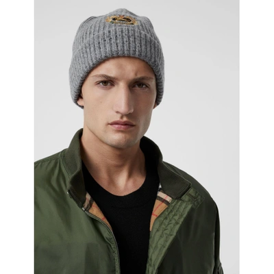 Shop Burberry Embroidered Archive Logo Wool Blend Beanie In Grey Melange