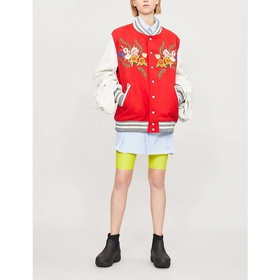 Shop Junya Watanabe Oversized-sleeve Wool-blend And Leather Bomber Jacket In Red White
