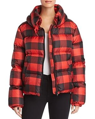 Shop Kendall + Kylie Kendall And Kylie Oversized Plaid Puffer Coat In Black/red Plaid