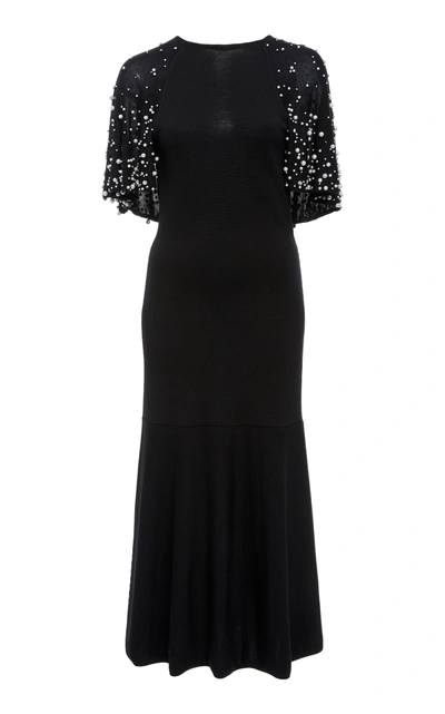 Shop Oscar De La Renta Cape-effect Faux Pearl Embellished Wool Dress In Black