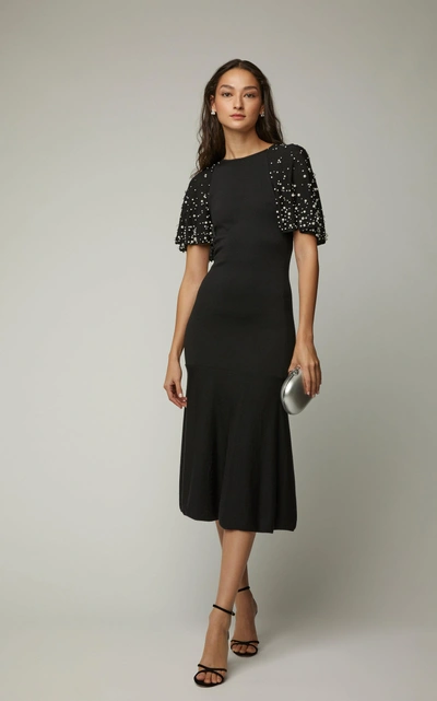 Shop Oscar De La Renta Cape-effect Faux Pearl Embellished Wool Dress In Black