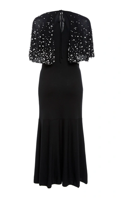 Shop Oscar De La Renta Cape-effect Faux Pearl Embellished Wool Dress In Black