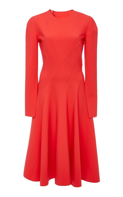 Shop Oscar De La Renta Pleated Wool-blend Cady Midi Dress In Red