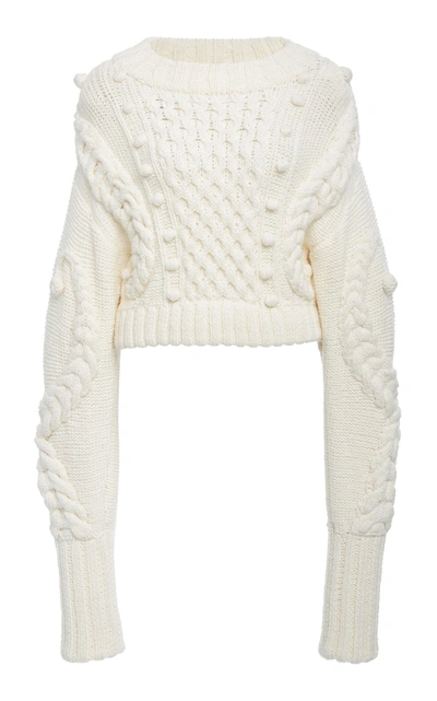 Shop Oscar De La Renta Cropped Cable-knit Wool-blend Sweater In Ivory