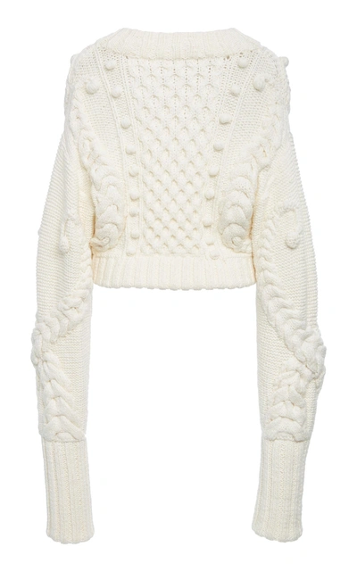 Shop Oscar De La Renta Cropped Cable-knit Wool-blend Sweater In Ivory