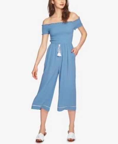 Shop 1.state Smocked Off-the-shoulder Jumpsuit In Ocean Slate