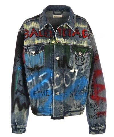 Shop Balenciaga Graffiti Denim Jacket In Multi