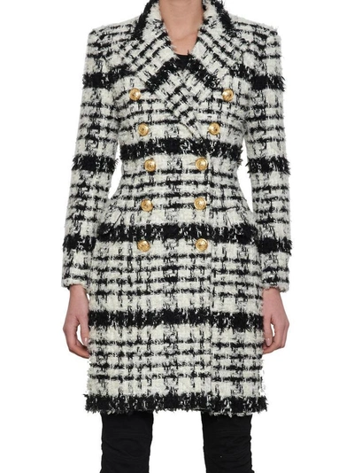 Shop Balmain Double Breasted Tweed Coat In Multi