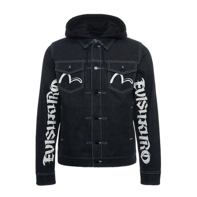 Shop Evisu Brushstroke Logo Print Denim Jacket With Detachable Hood
