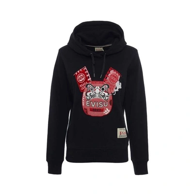 Shop Evisu Hooded Sweatshirt With Daruma Velour Applique In Black