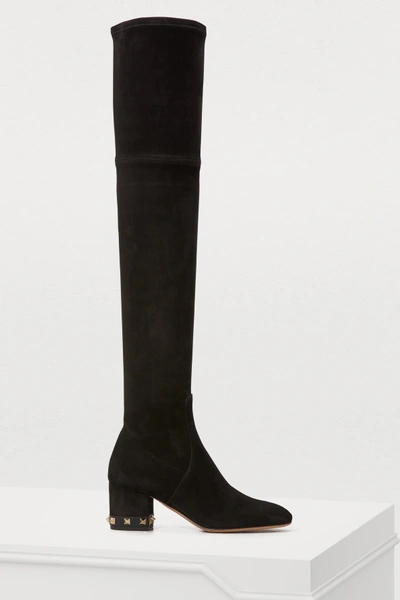 Shop Valentino Gavarani Studded Heel Thigh-high Boots In Black