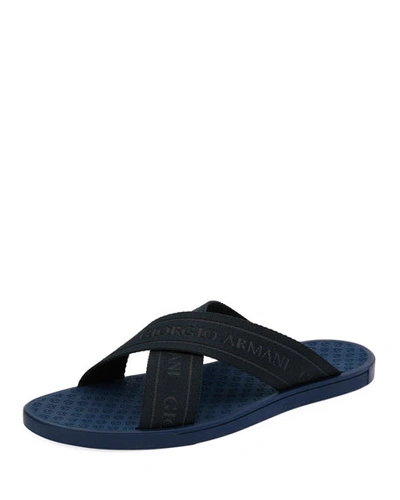 Shop Giorgio Armani Logo Jacquard Crisscross Slide Sandals In Blue