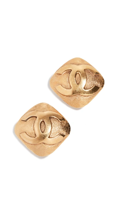 Shop Chanel Gold Cc On Rough Square Earrings