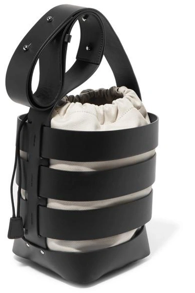 Shop Rabanne Cage Hobo Medium Leather And Canvas Bucket Bag In Black