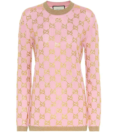 Shop Gucci Gg Crystal-embellished Wool Sweater In Pink