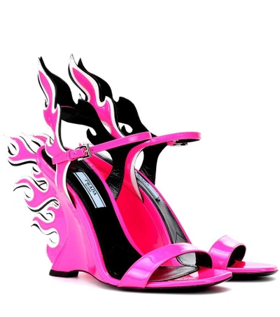 Shop Prada Flame Patent Leather Wedge Sandals In Pink