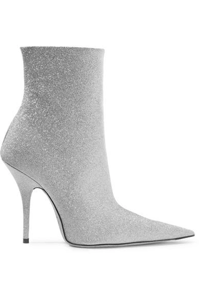 Shop Balenciaga Knife Glittered Leather Ankle Boots In Silver