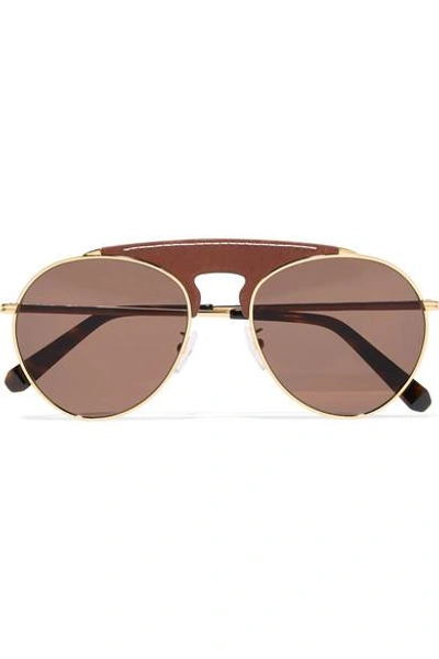 Shop Loewe Pilot Aviator-style Gold-tone And Textured-leather Sunglasses In Brown