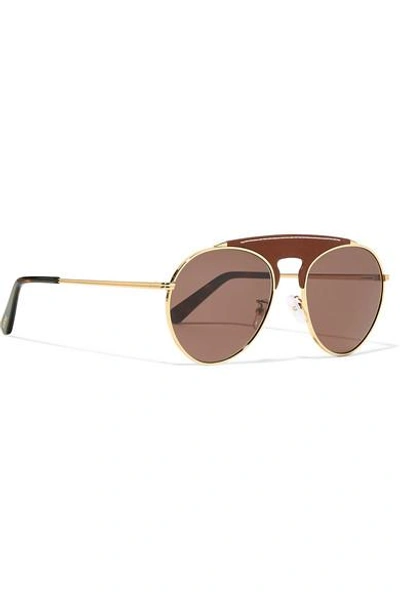 Shop Loewe Pilot Aviator-style Gold-tone And Textured-leather Sunglasses In Brown