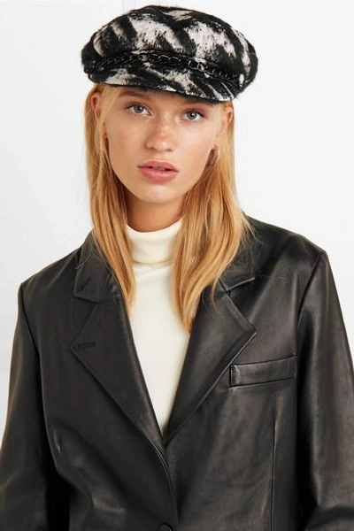 Shop Eugenia Kim Marina Chain-embellished Houndstooth Bouclé Cap In Black