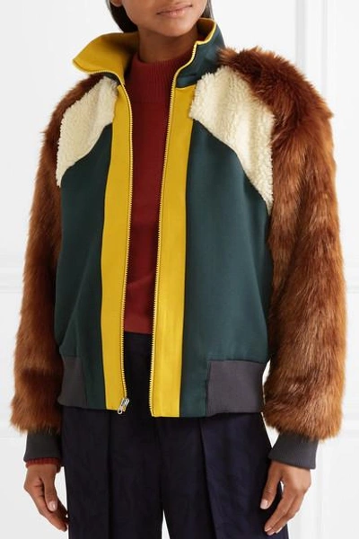 Shop Sea Color-block Jersey, Faux Fur And Faux-shearling Track Jacket In Emerald