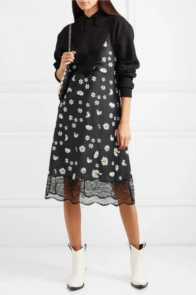 Shop Rabanne Lace-trimmed Floral-print Satin Midi Dress In Black