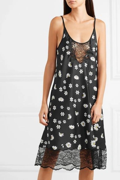 Shop Rabanne Lace-trimmed Floral-print Satin Midi Dress In Black