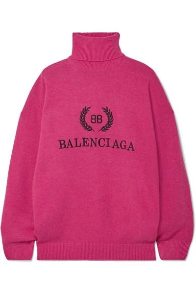Shop Balenciaga Embroidered Wool And Cashmere-blend Turtleneck Sweater In Pink
