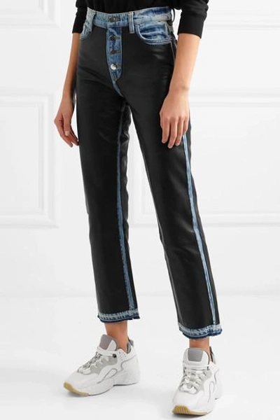 Shop Amiri Paneled Leather And Denim High-rise Straight-leg Jeans In Black