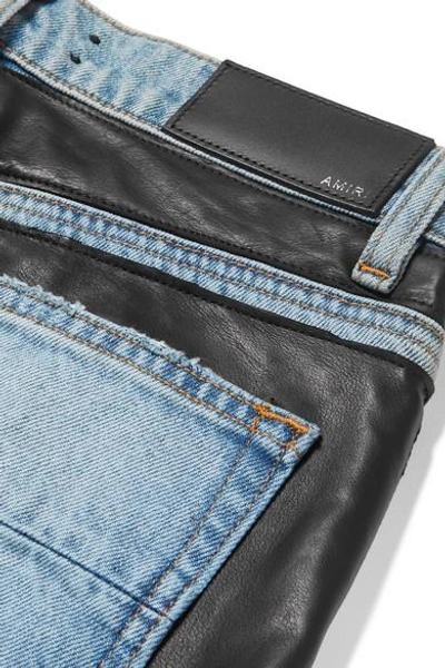 Shop Amiri Paneled Leather And Denim High-rise Straight-leg Jeans In Black