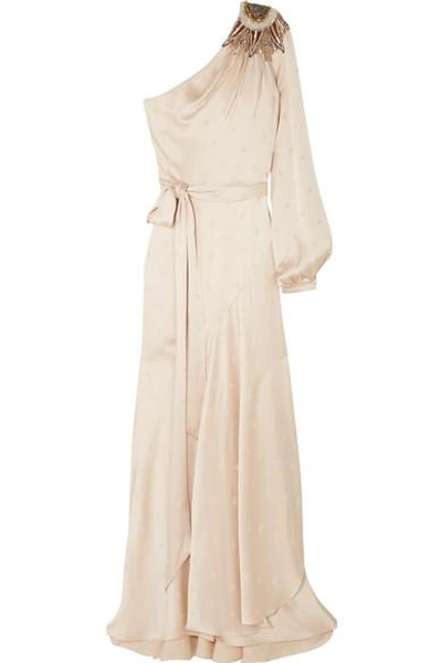 Shop Temperley London Parachute One-shoulder Embellished Satin-jacquard Maxi Dress In Cream