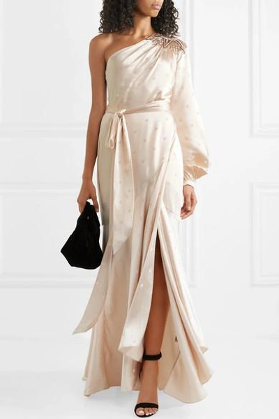 Shop Temperley London Parachute One-shoulder Embellished Satin-jacquard Maxi Dress In Cream