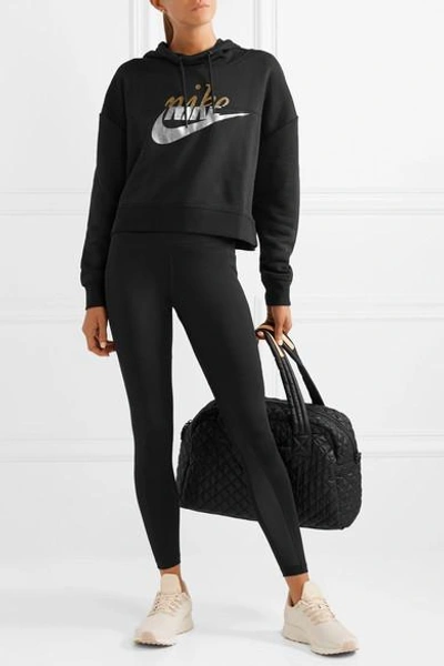 Shop Nike Rally Cropped Printed Cotton-blend Hoodie In Black