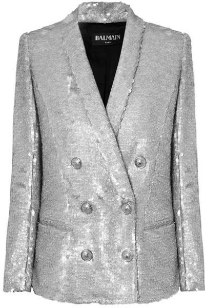 Shop Balmain Double-breasted Matte Sequined Crepe Blazer In Silver
