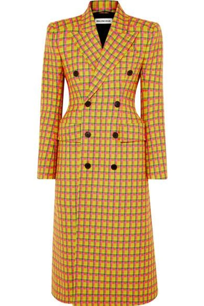 Shop Balenciaga Checked Double-breasted Wool Coat In Yellow