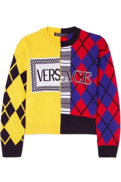 Shop Versace Paneled Printed Intarsia Wool-blend Sweater In Yellow