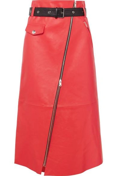 Shop Sonia Rykiel Zip-embellished Belted Leather Midi Skirt In Red