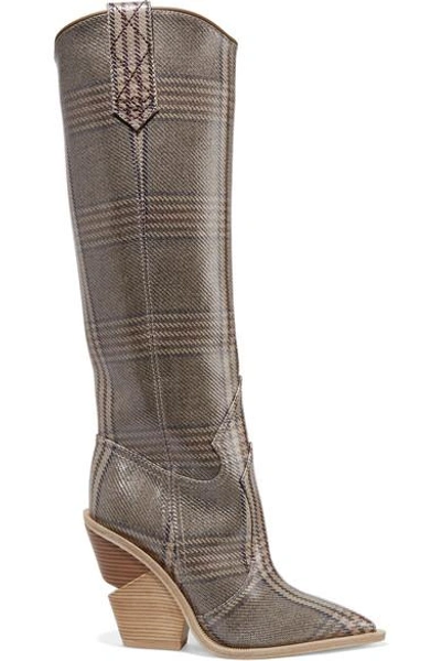 Shop Fendi Prince Of Wales Checked Coated-canvas Knee Boots In Stone